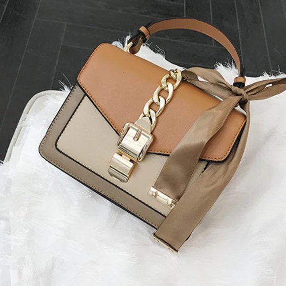 LAST Brown + Gold Ribbon Crossbody Bag Square Faux Leather Mini Purse - Picture 4 of 7